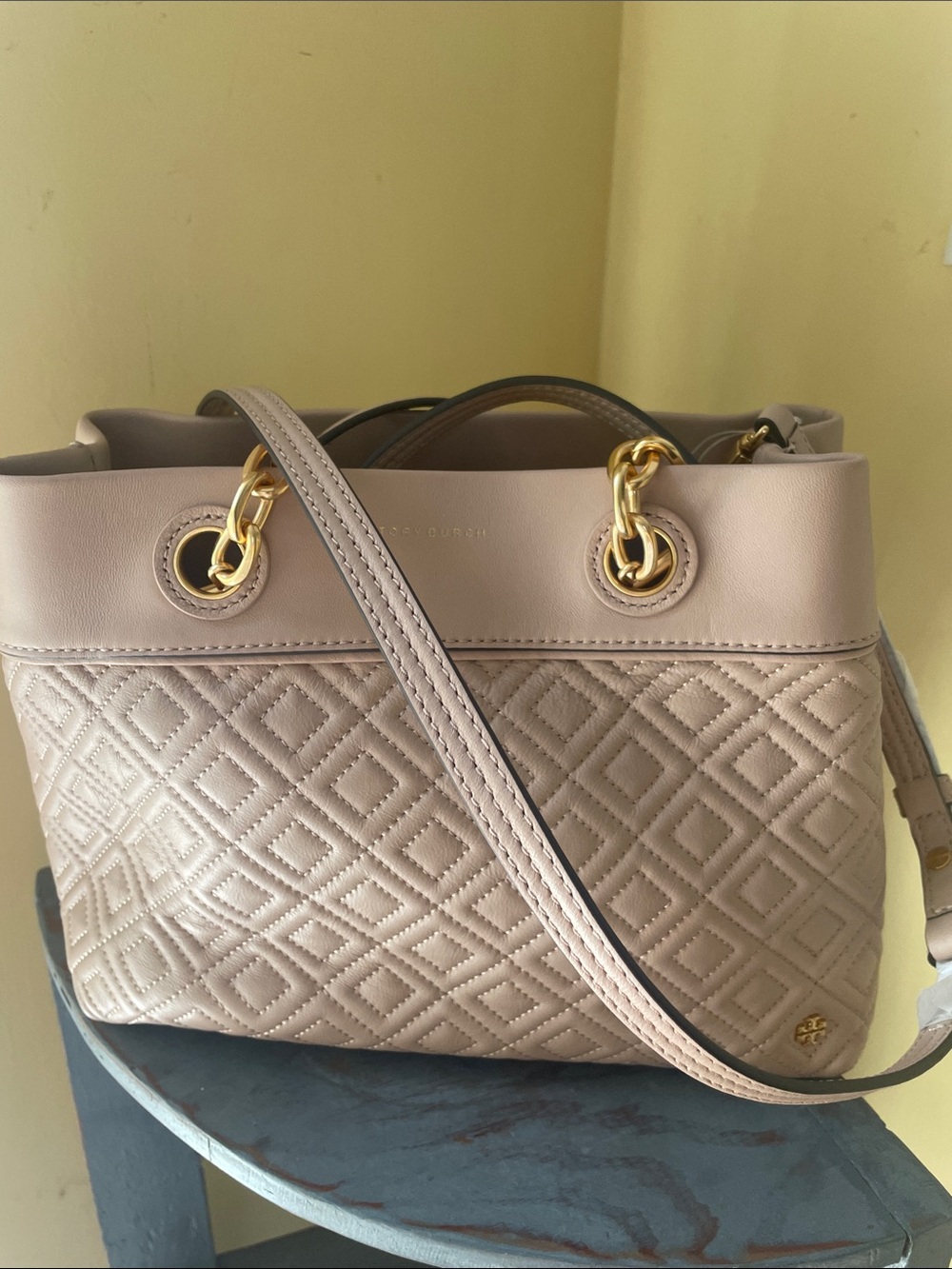 Tory Burch Quilted Blush Pink Leather Shoulder Tote with Gold Chain Hardware